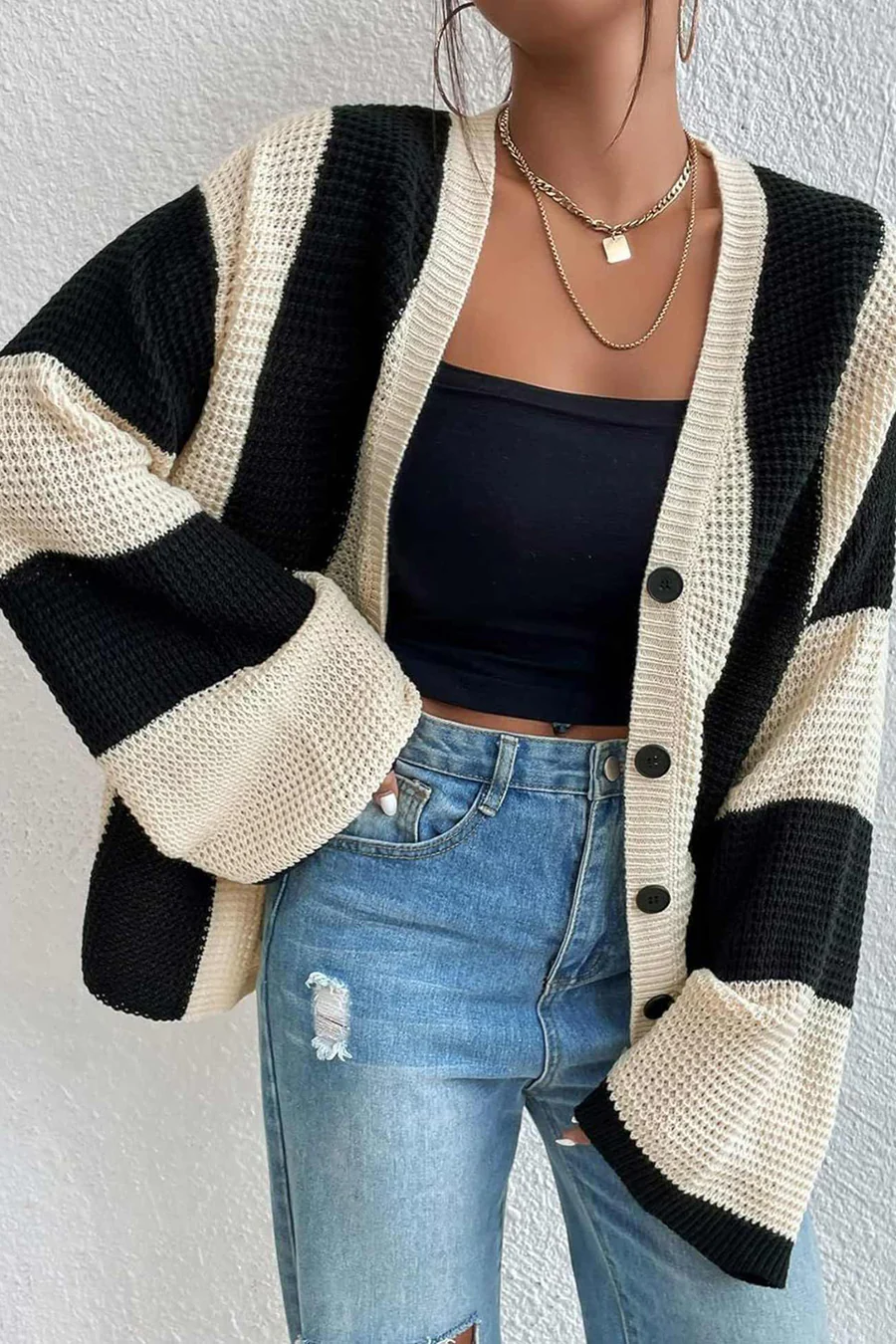Contrast Striped Flare Sleeve Cardigans