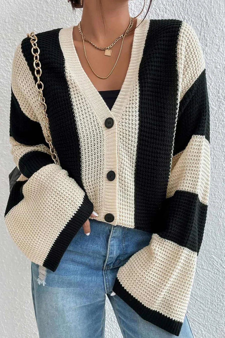 Contrast Striped Flare Sleeve Cardigans