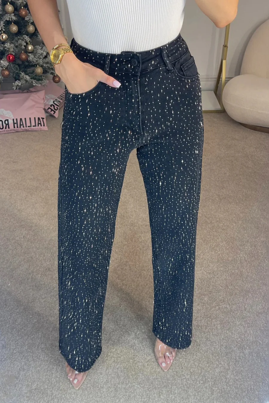 Rhinestone High Rise Straight Jeans