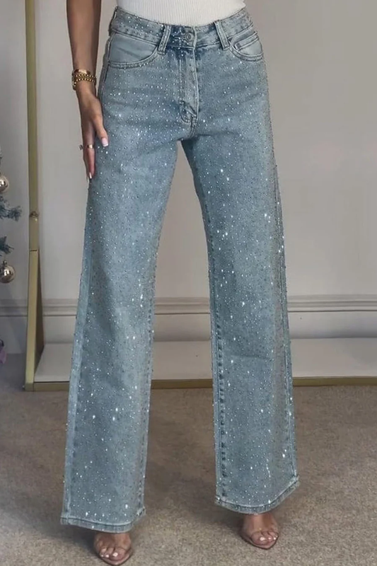 Rhinestone High Rise Straight Jeans