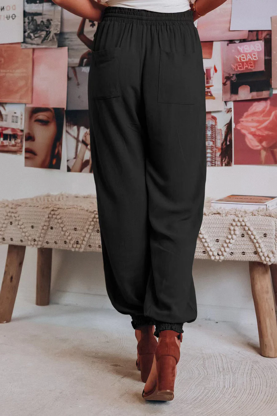 Drawstring Solid Color Loose Long Pants