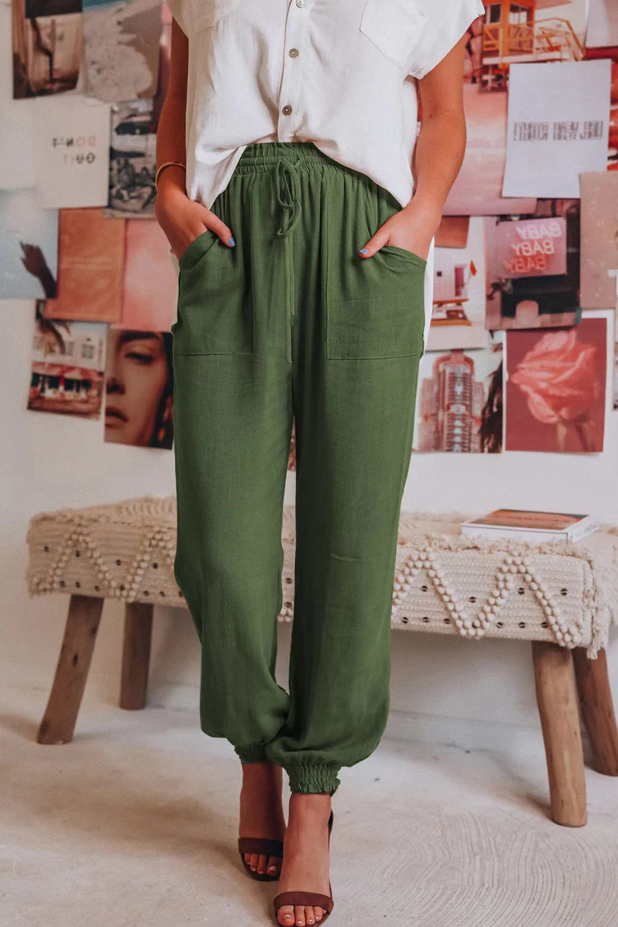 Drawstring Solid Color Loose Long Pants