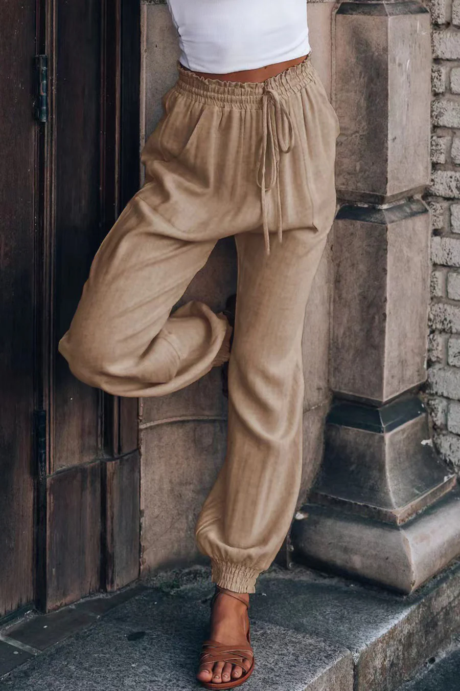 Drawstring Solid Color Loose Long Pants