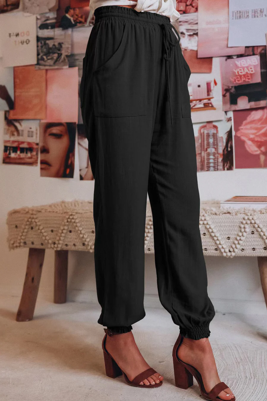 Drawstring Solid Color Loose Long Pants