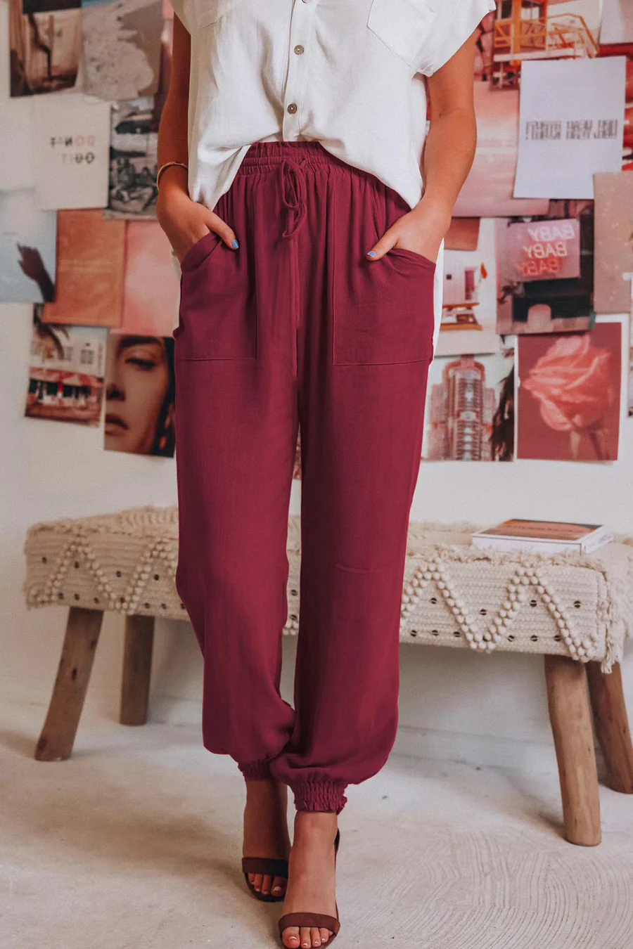 Drawstring Solid Color Loose Long Pants