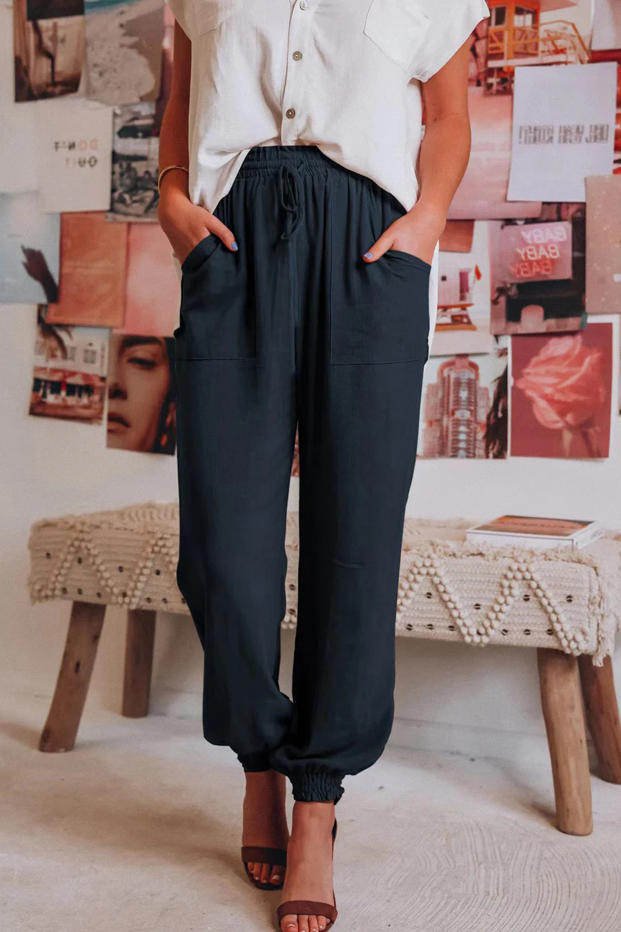 Drawstring Solid Color Loose Long Pants