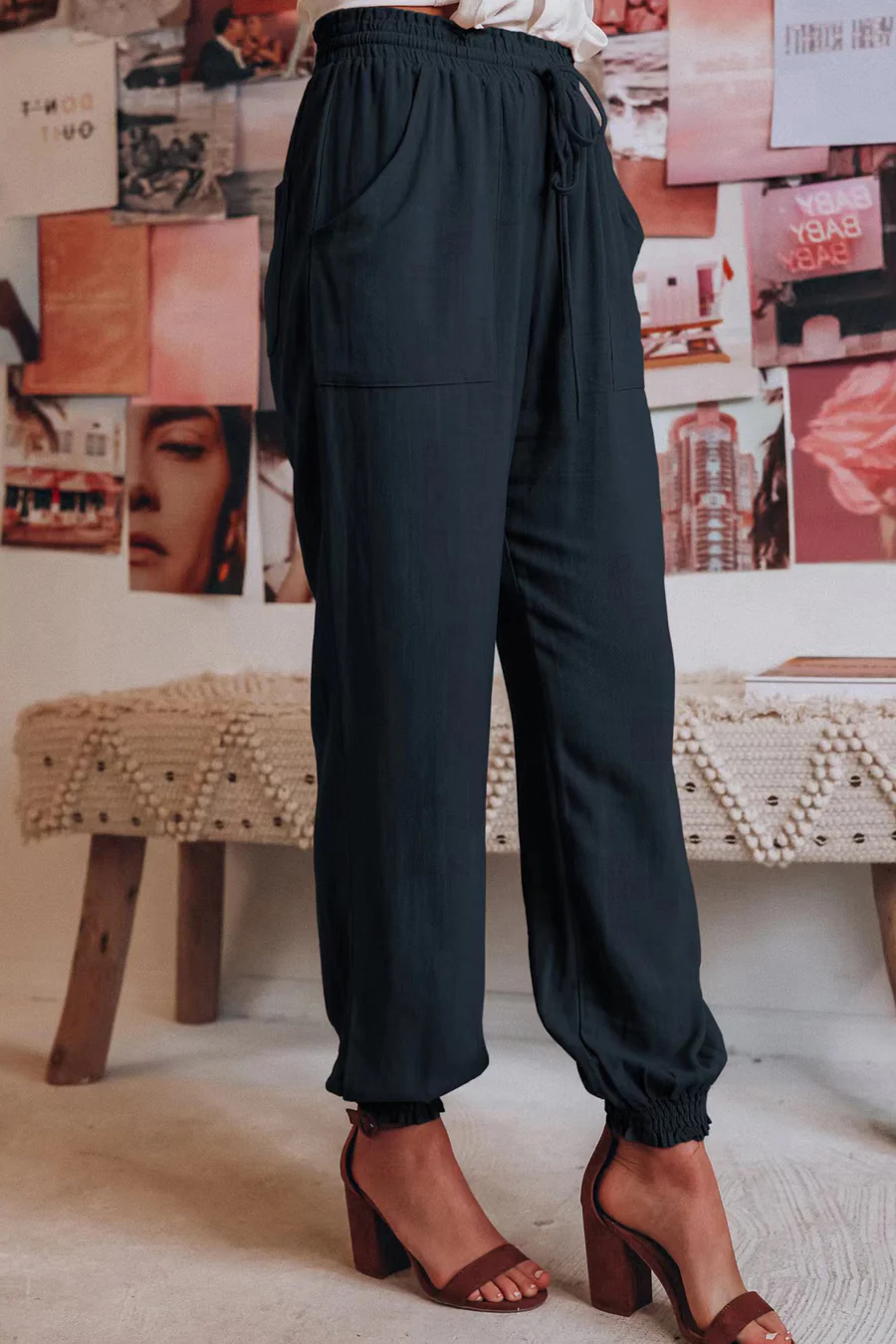 Drawstring Solid Color Loose Long Pants