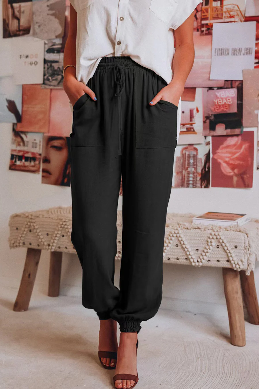Drawstring Solid Color Loose Long Pants