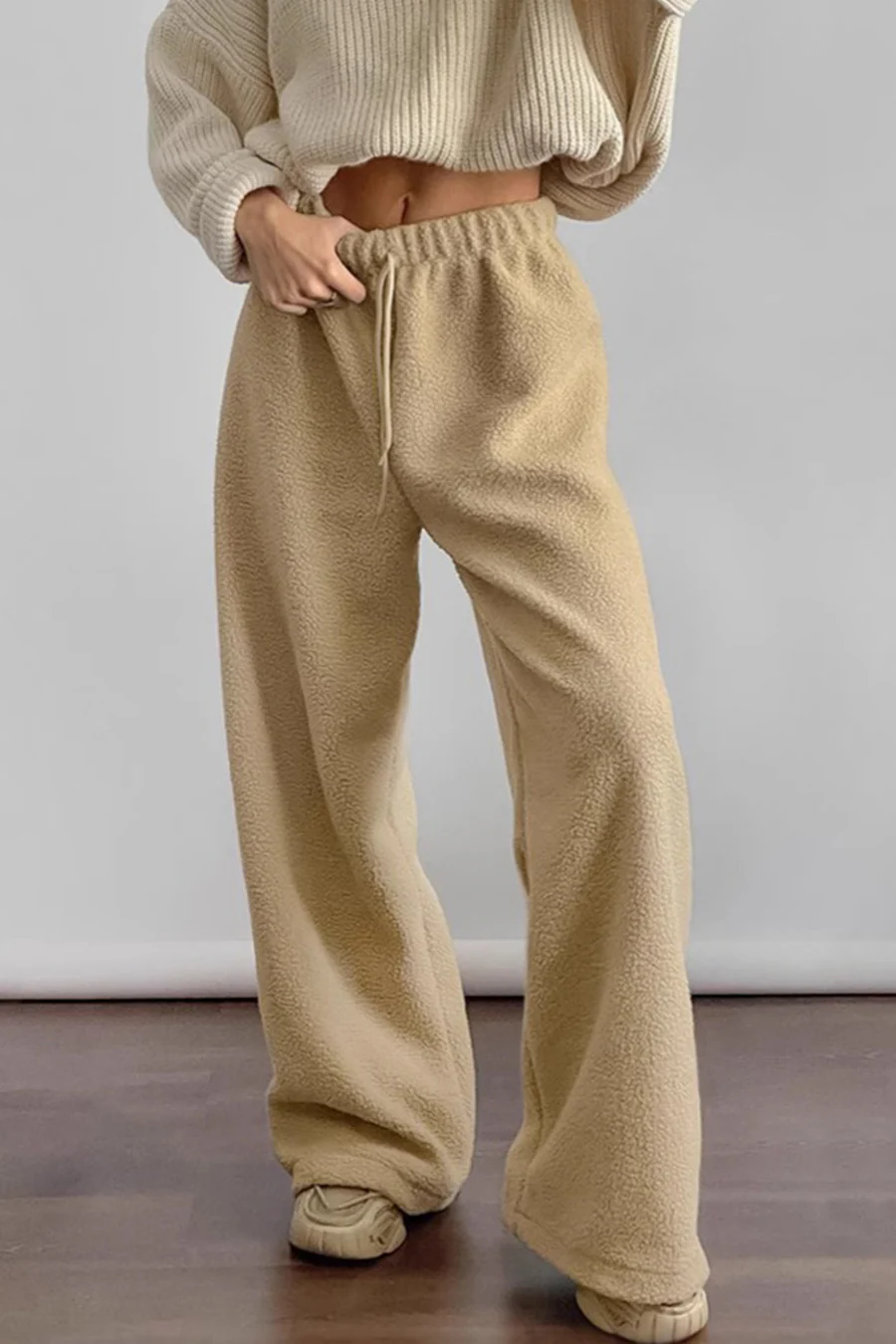 Solid Color Elastic Waist Polar Fleece Pants