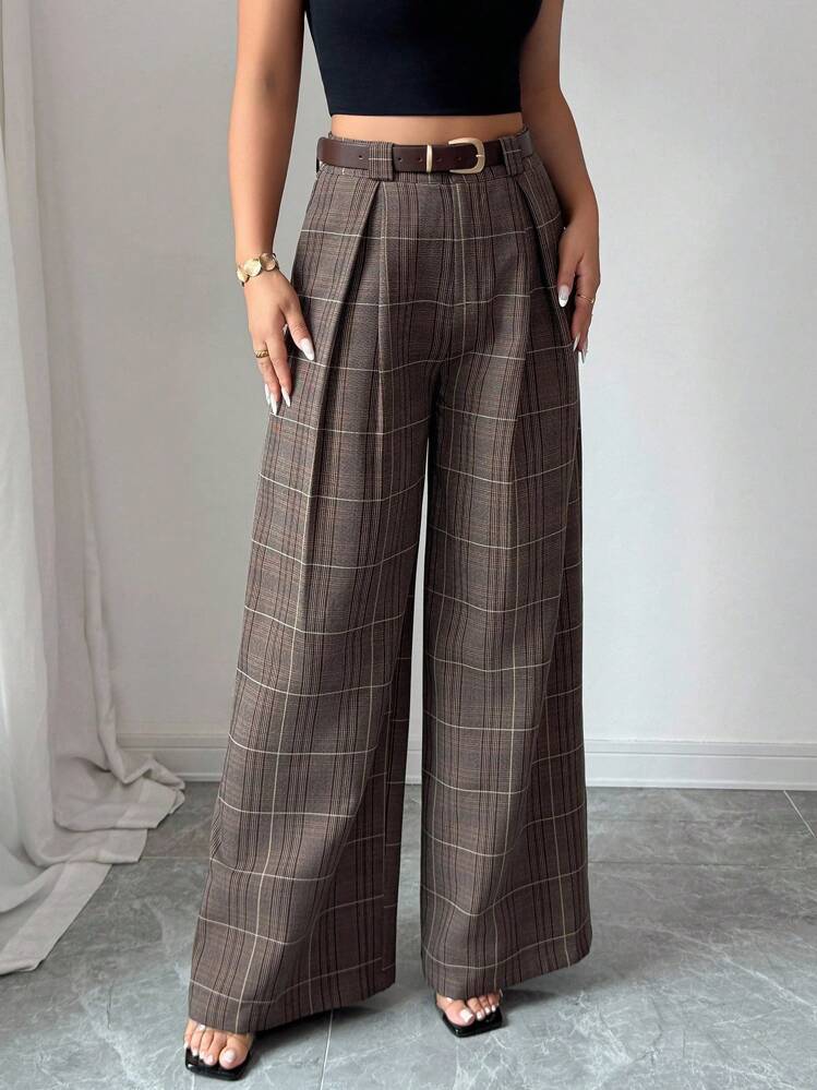 Minimalist Gray Checkered Wide-Leg Pants