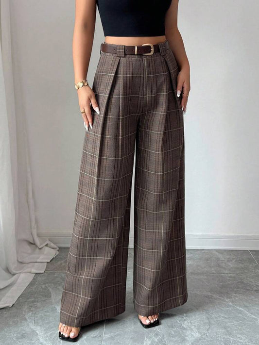 Minimalist Gray Checkered Wide-Leg Pants