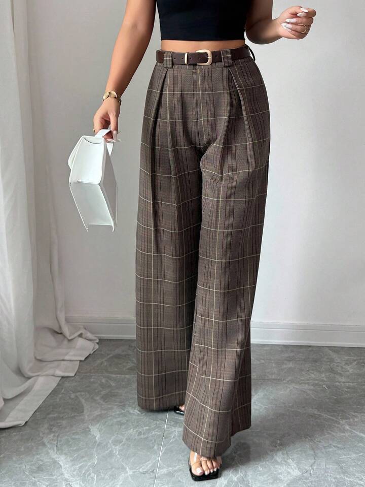 Minimalist Gray Checkered Wide-Leg Pants