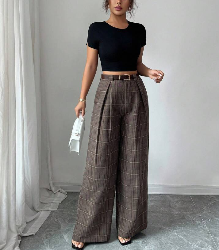 Minimalist Gray Checkered Wide-Leg Pants