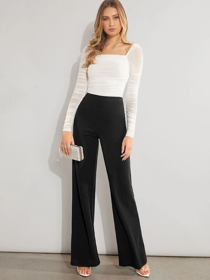 Solid Color High-Waisted Wide-Leg Pants