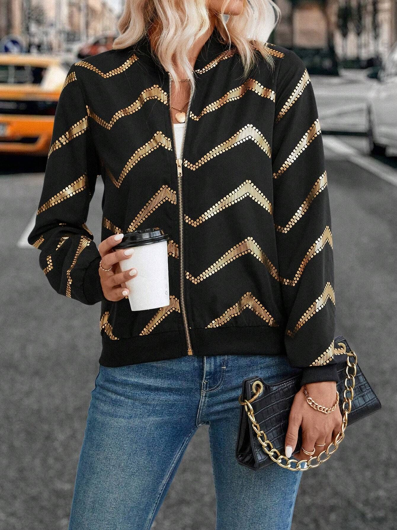 Serrated Gold Foil Print Zipper Pilot Jacket