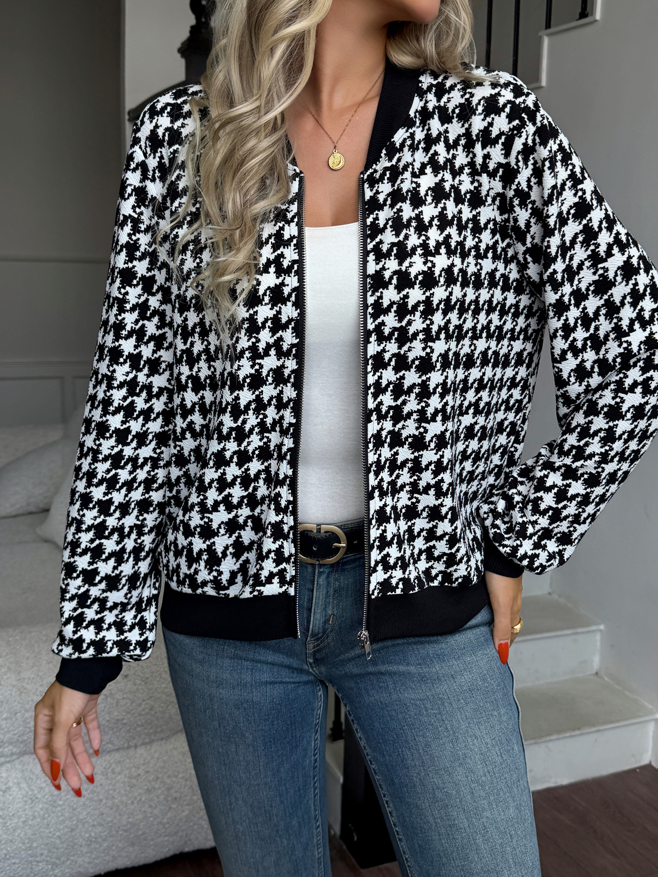 Zipper Houndstooth Jacket
