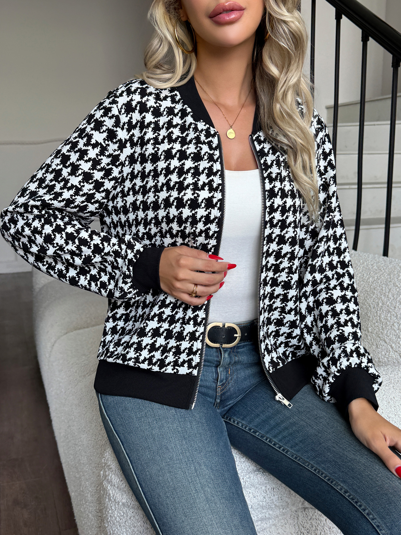Zipper Houndstooth Jacket