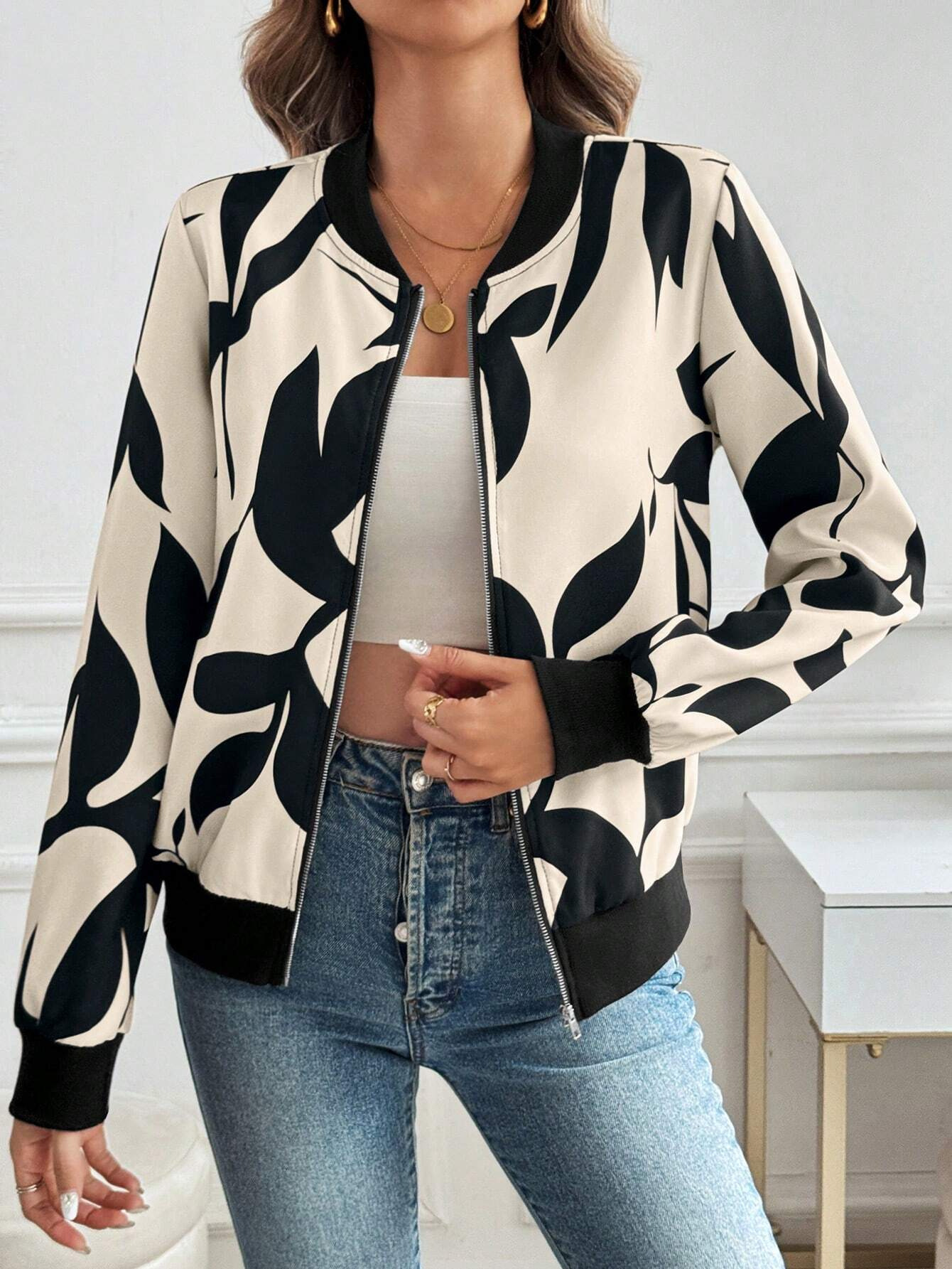 Elegant Commuter Print Zipper Jacket