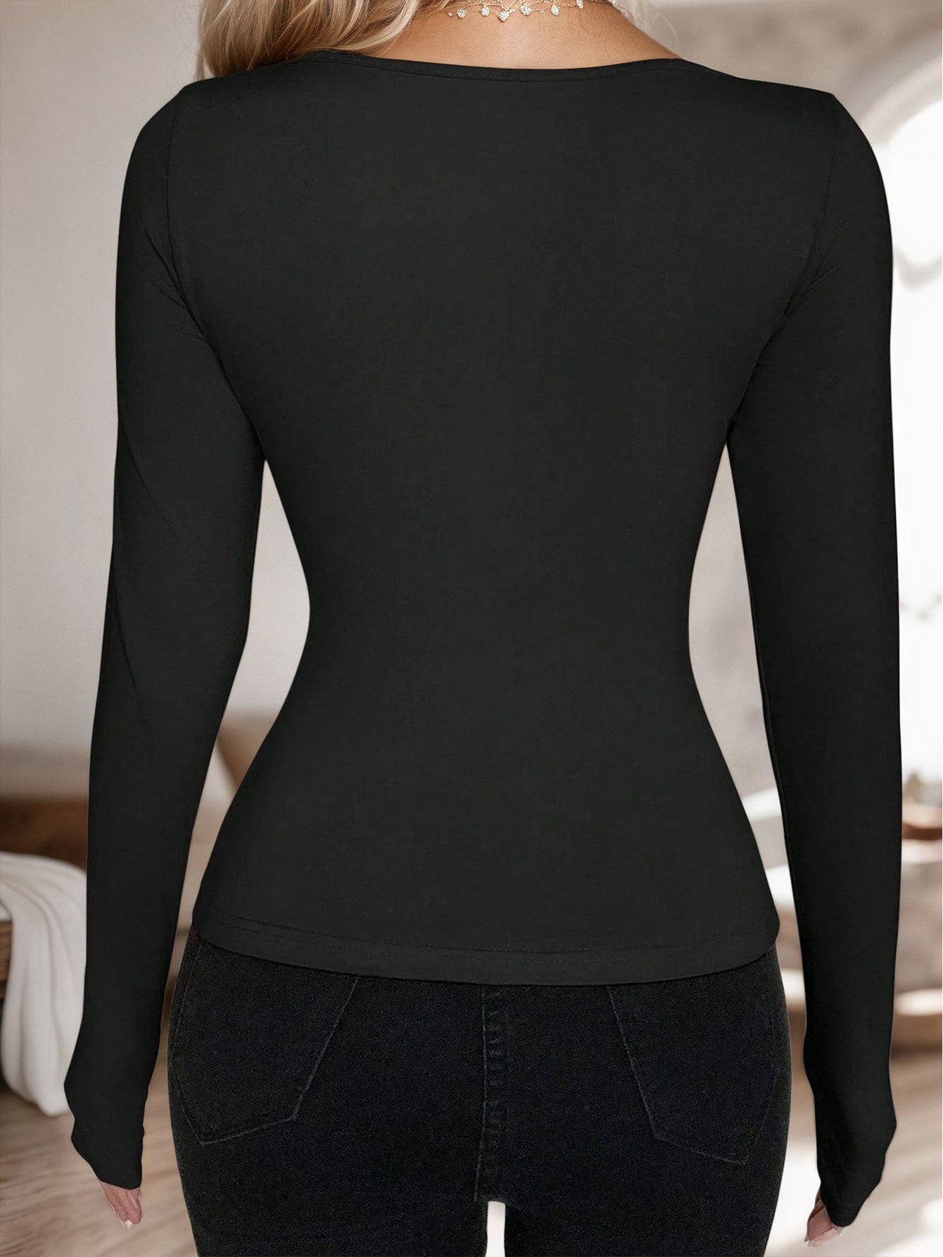 Lace-Up Neckline Long-Sleeve Shirts