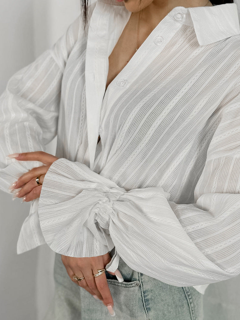 Bell-Sleeve Collared Tie-Front Shirts