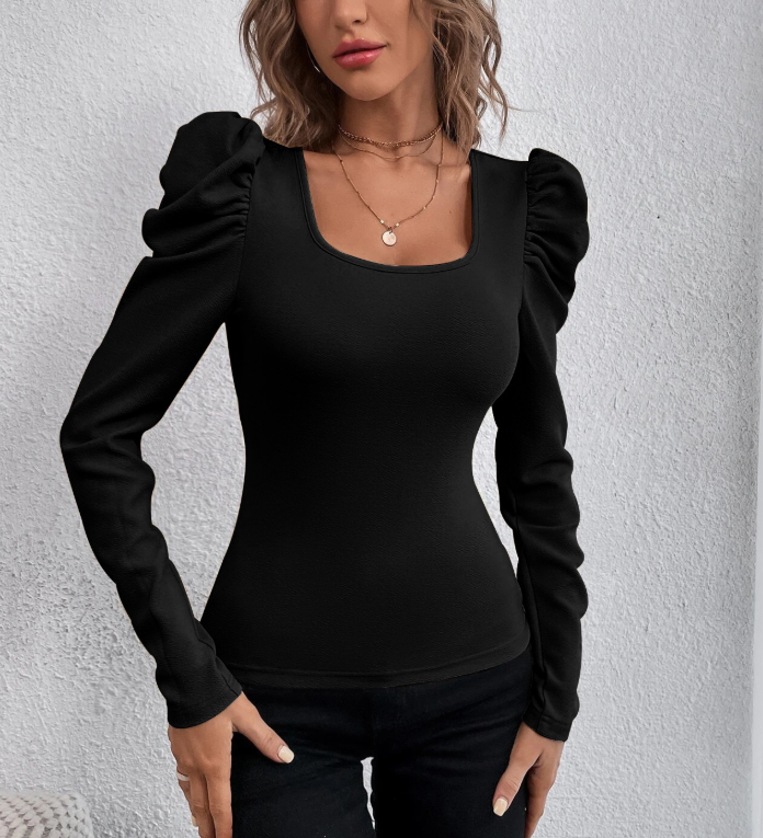 Square Neck Lamb's Leg Sleeve Knit Long-Sleeve Shirts