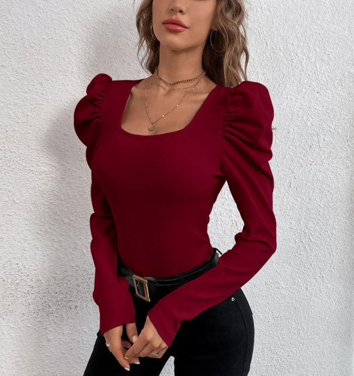 Square Neck Lamb's Leg Sleeve Knit Long-Sleeve Shirts