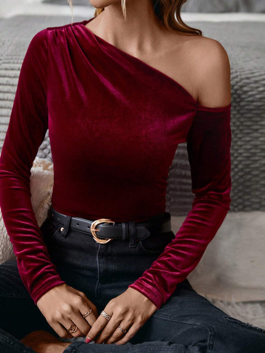 Slanted-Neck Velvet Long-Sleeve Shirts