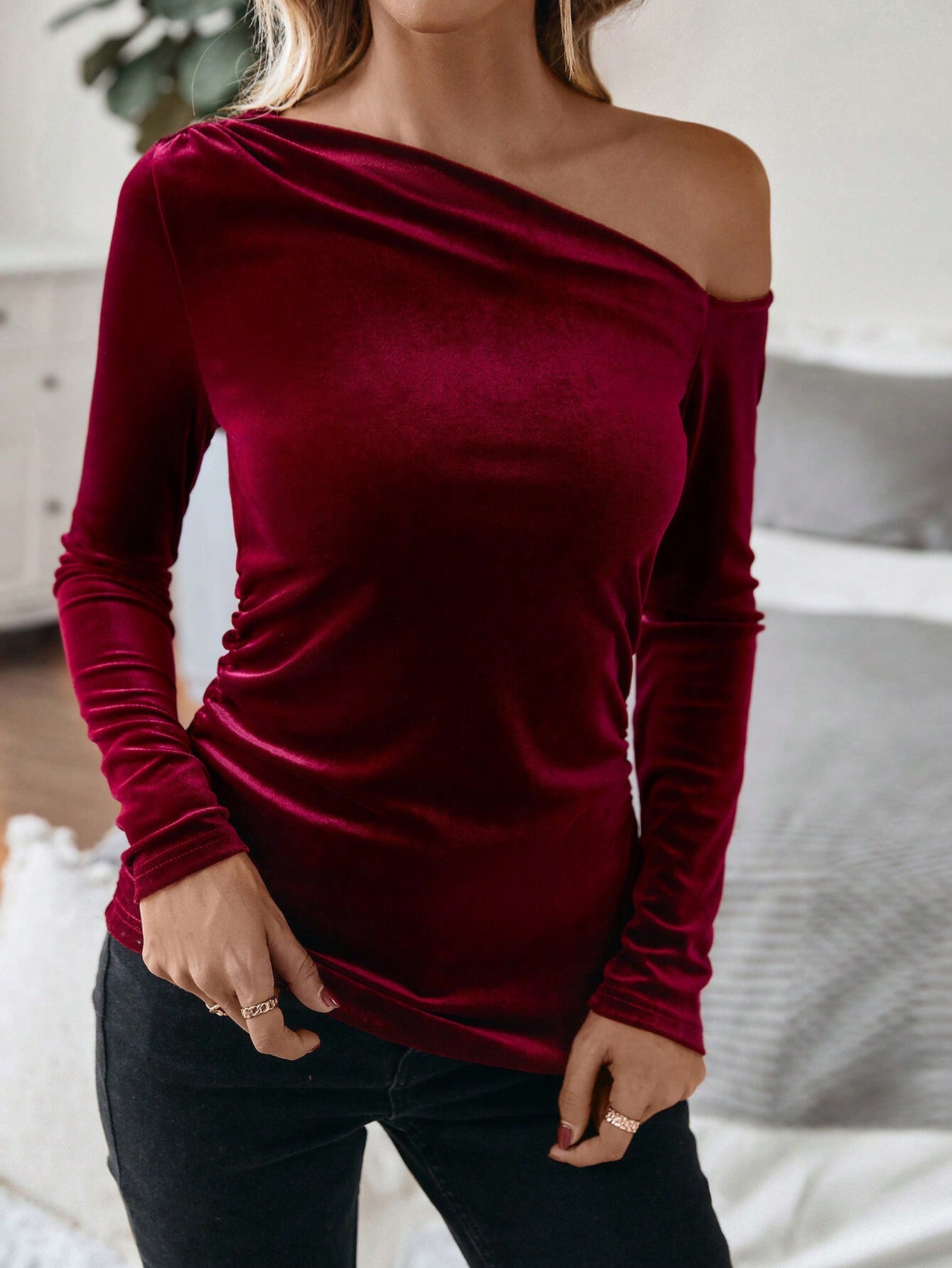 Slanted-Neck Velvet Long-Sleeve Shirts