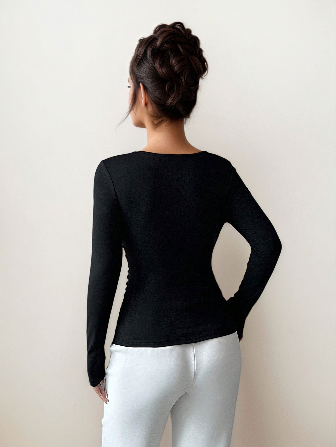 Slanted Neckline Pleated Long-Sleeve Shirts