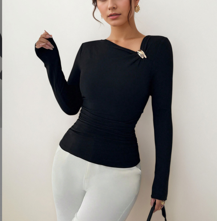 Slanted Neckline Pleated Long-Sleeve Shirts