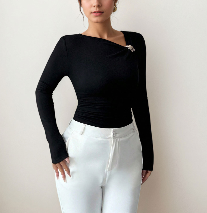 Slanted Neckline Pleated Long-Sleeve Shirts