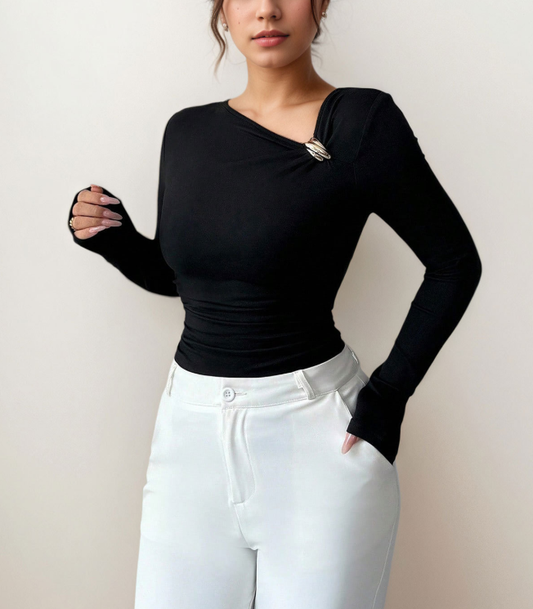 Slanted Neckline Pleated Long-Sleeve Shirts