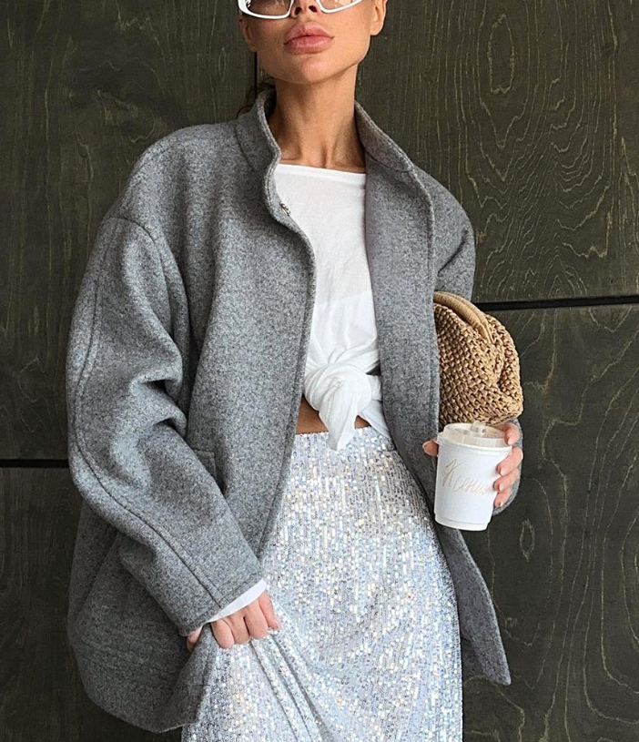 Gray Stand-up Collar Wool Jackets