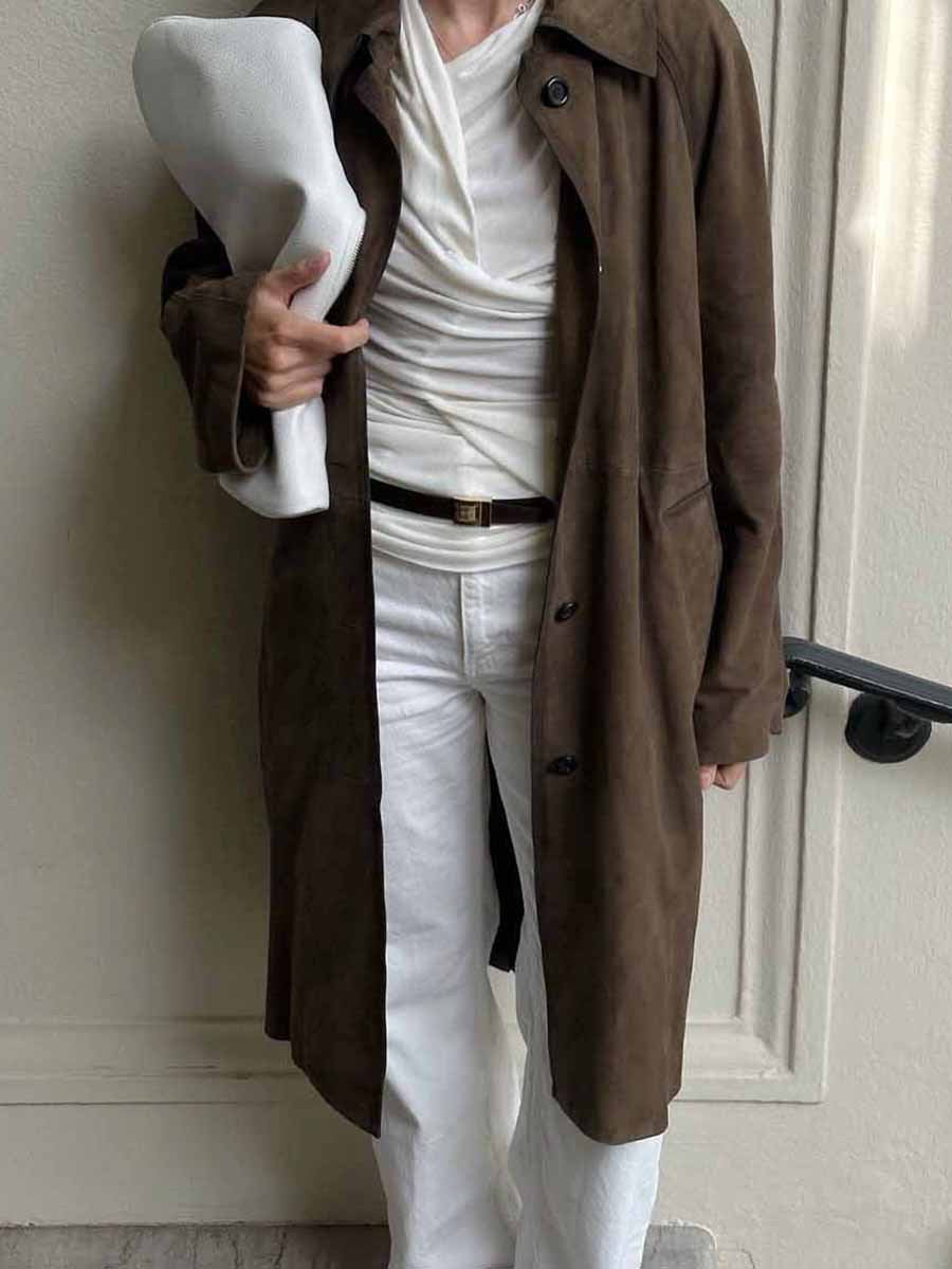 Suede Brown Long-Sleeve Workwear Trench Coats