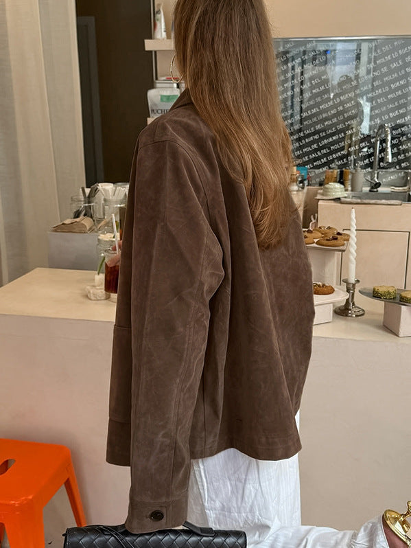 Suede Lapel Long-Sleeve Coats