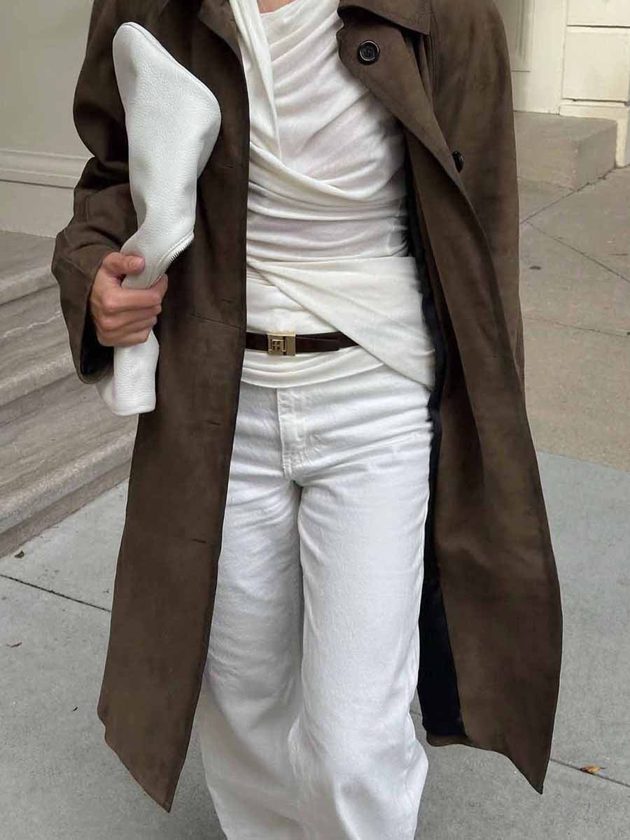 Suede Brown Long-Sleeve Workwear Trench Coats