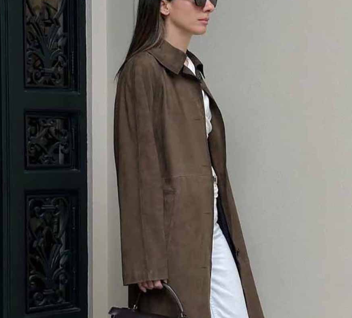 Suede Brown Long-Sleeve Workwear Trench Coats