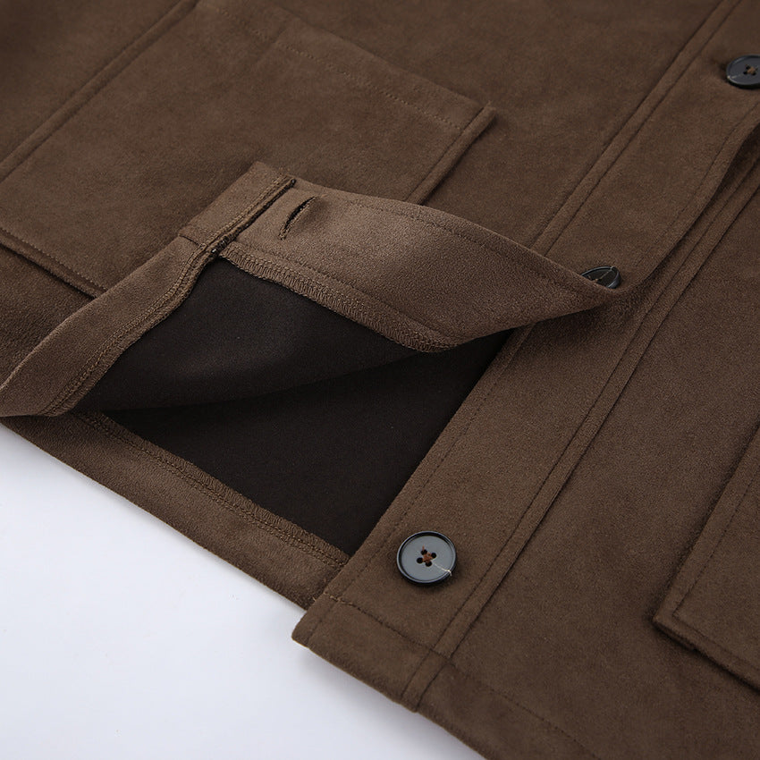 Suede Lapel Long-Sleeve Coats