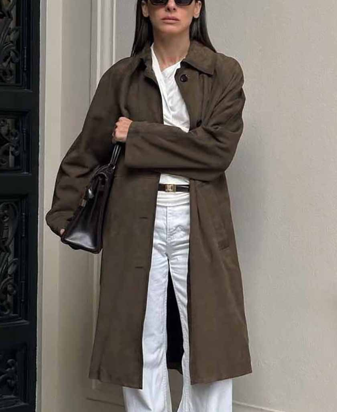 Suede Brown Long-Sleeve Workwear Trench Coats