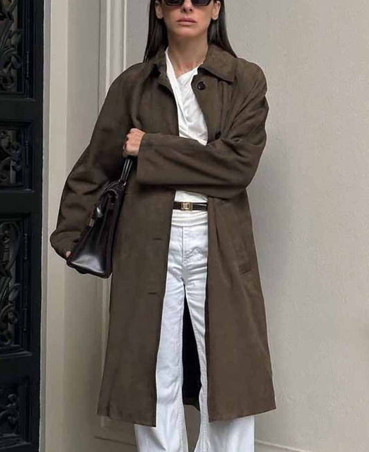 Suede Brown Long-Sleeve Workwear Trench Coats