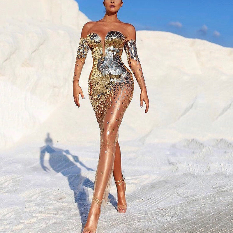 Sequin Off-Shoulder Mesh Long Evening Gown Dresses
