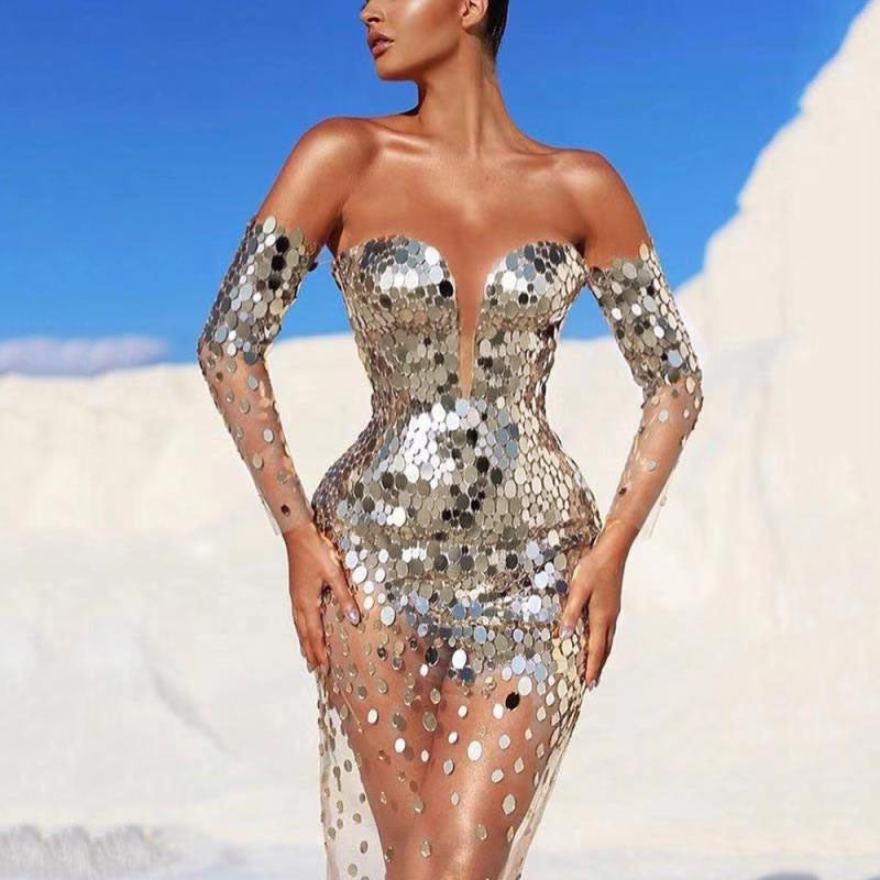 Sequin Off-Shoulder Mesh Long Evening Gown Dresses