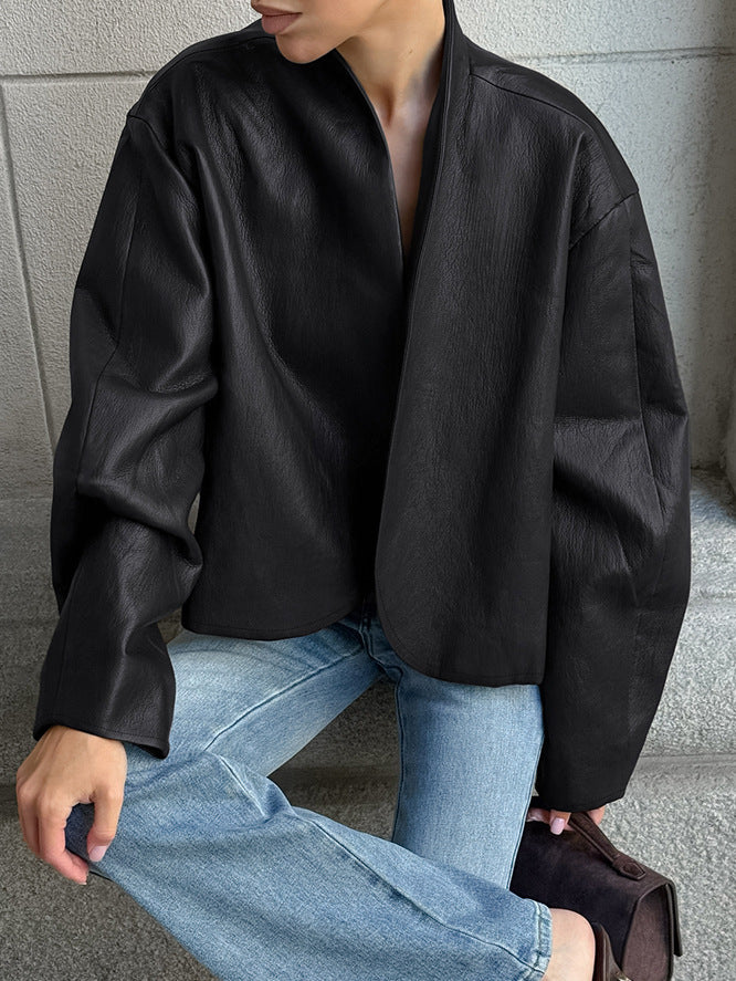 Stand-collar Long-sleeve Leather Jacket