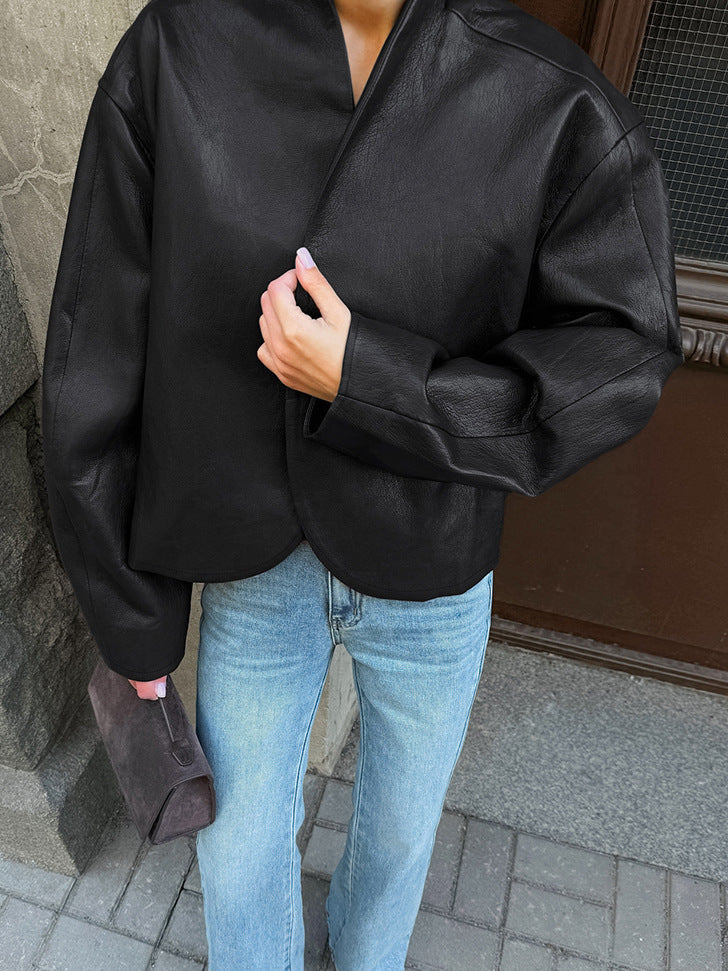 Stand-collar Long-sleeve Leather Jacket