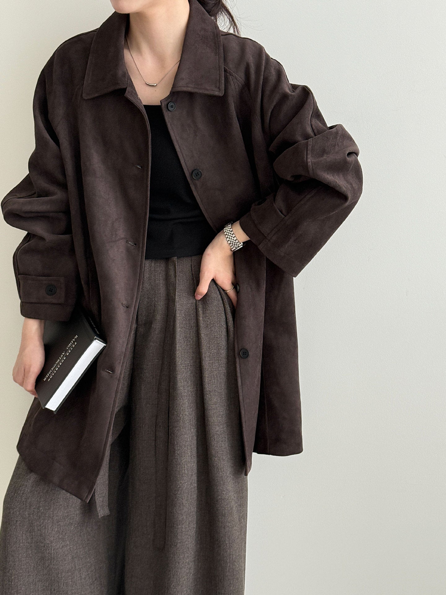 Suede Lapel Loose Mid-length Jackets