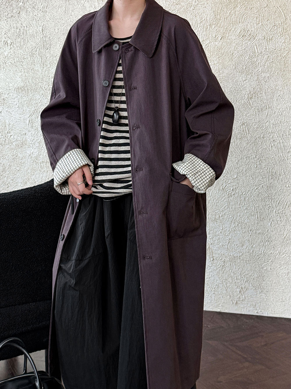 Patchwork Check Collar Mid-Length Trench Coats