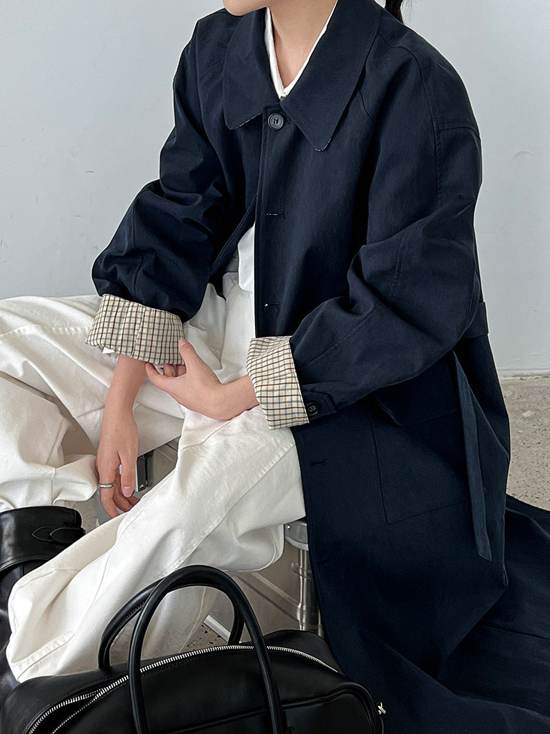 Patchwork Check Collar Mid-Length Trench Coats