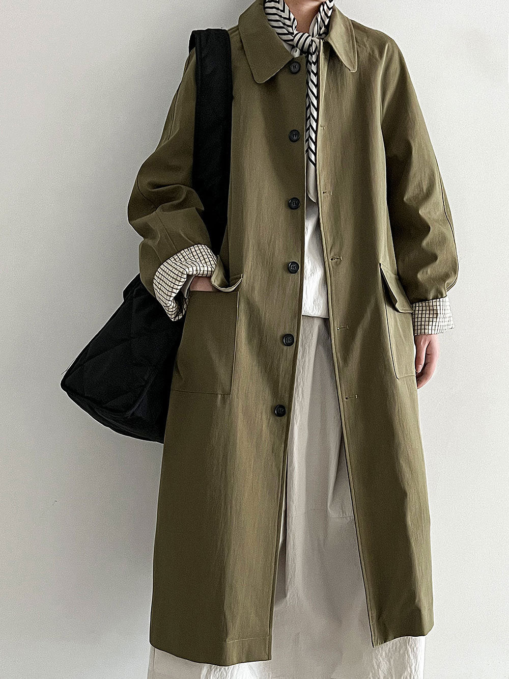 Patchwork Check Collar Mid-Length Trench Coats