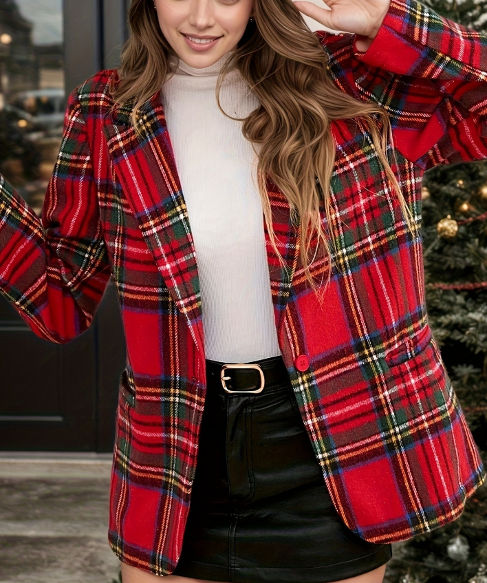 Christmas Red Plaid Long-Sleeve Blazer Jackets