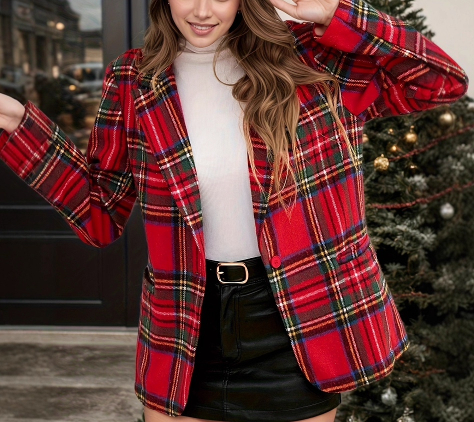 Christmas Red Plaid Long-Sleeve Blazer Jackets